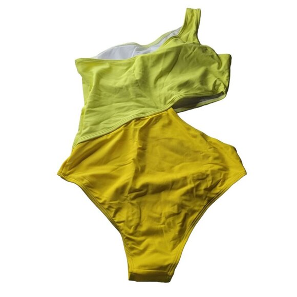 Yellow One Shoulder Swimsuit Block Colors Cutout Side Womens Medium Neon Bright - Picture 2 of 12